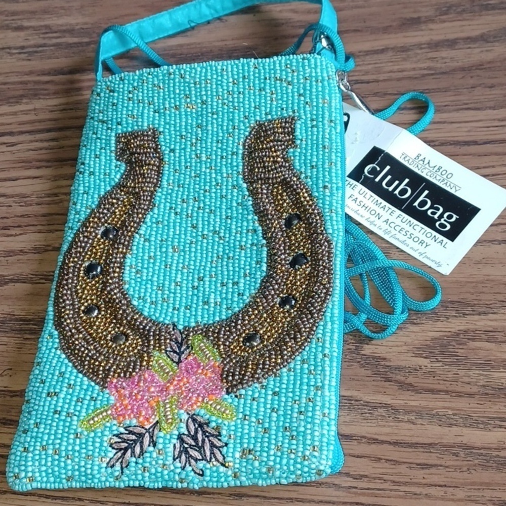 Bamboo Trading Company Beaded Horseshoe Club Bag, 8x5, Turquoise